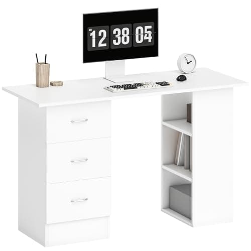 Image of HOMCOM Computer Desk, Home Office Desk, Writing Table, PC Workstation with 3 Storage Shelves and 3 Drawers for Working, Study, 120 x 49 x 72 cm, White