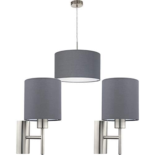 Image of Ceiling Pendant Light & 2X Matching Wall Lights - Satin Nickel Grey Fabric Shade - Hanging Drop Adjustable Height Lamp Living Room Set Kit