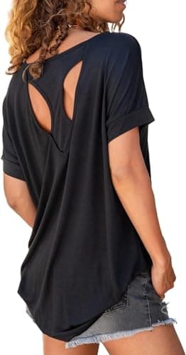Image of Fisoew Women's Sport T-Shirt Open Back Short Sleeve Fitness Yoga Tee Shirts Workout Gym Athlete Tops Loose Fit(Black,M)