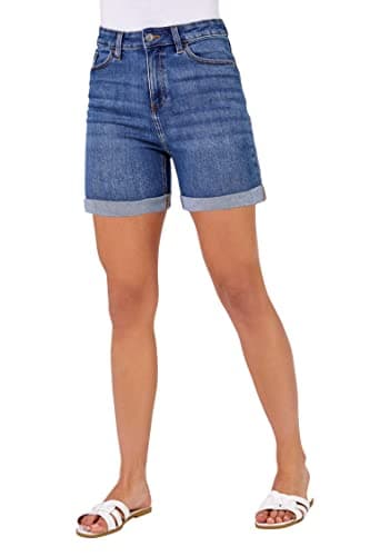 Image of Roman Denim Shorts with Pockets for Women UK Ladies Mom Jeans Boyfriend Boy High Waisted Turned Frayed Hem Stretchy Cotton Casual Slim Skinny Pants Mother Holiday - Washed Denim - Size 20