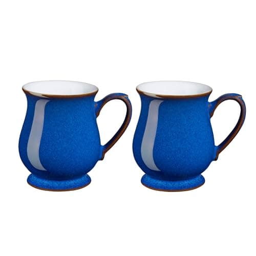 Image of Denby - Imperial Blue Coffee Mug Set of 2 - 340ml Craftmans Curved Stoneware Ceramic Tea Mug Set For Home & Office - Dishwasher Safe, Microwave Safe - Blue, White, Brown - Chip Resistant