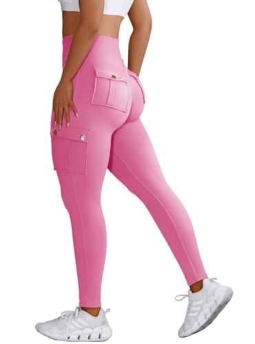 Image of Nuofengkudu Cargo Leggings Womens with Pockets High Waisted Tummy Control Soft Fitness Gym Workout Combat Sports Opaque Push up Athletic Running Ladies Stretch Yoga Pants Y-Pink XS
