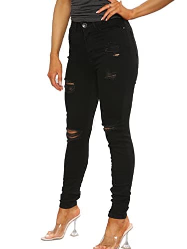Image of 989Zé ENZO Womens Ripped Skinny Jeans Ladies Distressed Stretch Denim Pants with Pockets EZL417 Black 16