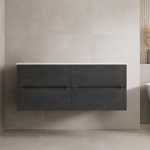 Image of Vitusso® 1200mm Fluted Bathroom Cloakroom Vanity Unit White Marble Countertop Double Wall Hung Storage Furniture Soft Close, Black, No Basin
