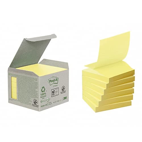 Image of Post-it Recycled Z-Notes, Canary Yellow, Pack of 6 Pads, 100 Sheets per Pad 76 mm x 76 mm, Yellow Color - Self-Stick Notes Made from 100% Recycled Paper