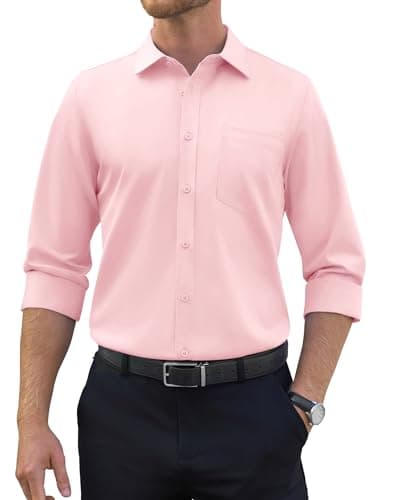 Image of siliteelon Mens Shirts Long Sleeve Regular Fit Shirts for Adult Pink Work Stretch Dress Casual Wedding Formal with Pocket Shirt 2XL