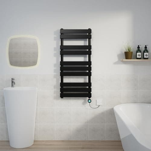 Image of Warmehaus 1000x450mm Black Designer Flat Panel Electric Heated Towel Rail Thermostatic Timer Bathroom Towel Radiator 600W