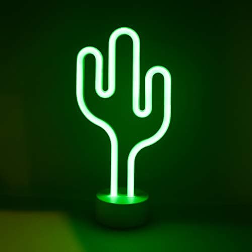 Image of Isaac Jacobs 11.5” x 5.75” LED Neon Green Cactus Table Lamp, White Base, Night Light, for Nightstand, Bedroom Décor & Party; Battery Powered (Batteries Not Included) (Green Cactus)