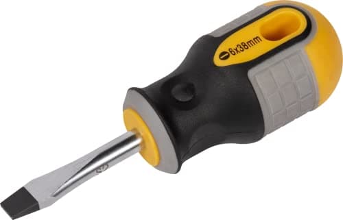 Image of Roughneck Slotted Flared Stubby Screwdriver – Magnetic Tip, S2 Steel Blade & Soft Grip Handle – 6 x 38mm