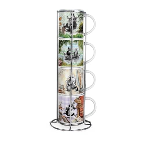 Image of Purely Home Wind in The Willows Stacking Mugs Set - Storybook Inspired Gifts - Set of 4 Small Ceramic Cups Set with Metal Stand
