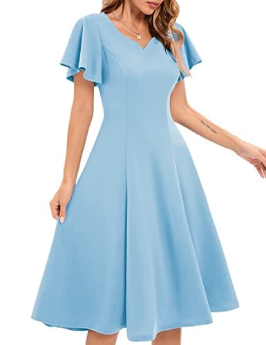 Image of HomRain Elegant Ruffle Sleeve V-Neck Graduation Dress Women's Vintage Semi Formal Knee Length Prom Dress for Wedding Cocktail Casual Tea Party Dresses M Blue