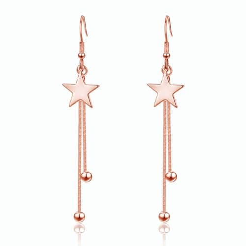 Image of Kamise Silver Drop Earrings for Women, 925 Sterling Silver Drop Earrings with Two Long Tassel Ball Chain, Rose Gold Star Dangle Hook Earrings Gifts for Christmas Birthday Valentines Anniversary
