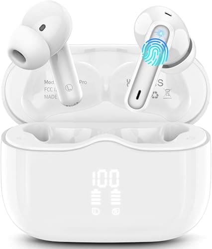Image of Wireless Earbuds, Bluetooth 5.4 Headphones in Ear with HiFi Stereo Deep Bass, 4 ENC Noise Cancelling Mic Wireless Earphones 40H Playtime, Bluetooth Earbuds Dual LED Display, IP7 Waterproof, Snow White