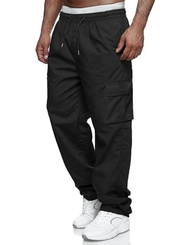 Image of Aro Lora Mens Casual Cargo Trousers Workout Joggers Stretch Sweatpants Hiking Drawstring Tactical Trousers with Multi Pockets Black 4XL