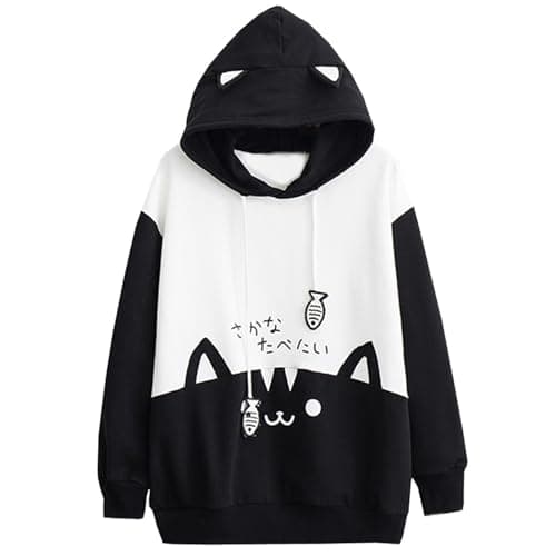 Image of Cute Cat Hoodie for Women Teen Girls Cartoon Print Anime Hoodie Kawaii Jumper Preppy Clothes Teenage Children's Tops Casual Patchwork Hooded Loose Pullover Sweatshirt Black XXL