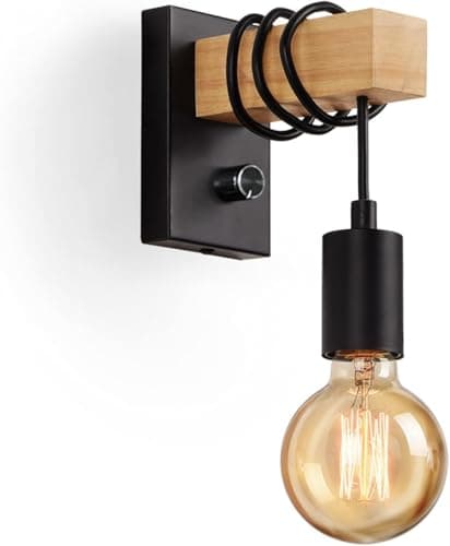 Image of Glighone Wall Lights with Switch Vintage Wall Lamp Wooden Wall Light Indoor Industrial Wall Sconce Dimmable E27 Edison Lighting Fixture for Bedroom, Dining Room, Living Room (Black, Bulb Not Included)