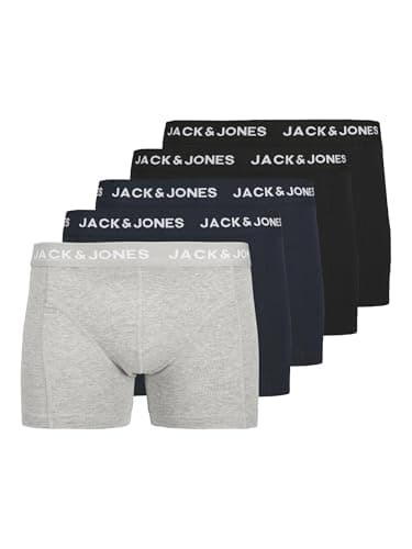 Image of JACK & JONES Mens Jacanthony Trunks 5 Pack Ln Boxer Shorts, Navy - Black - Grey, S UK