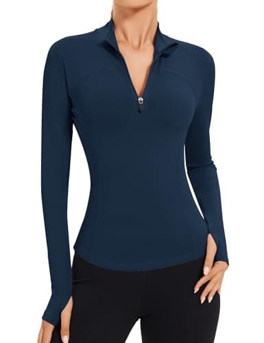 Image of IECCP Women's Gym Tops Long Sleeve Sports T-Shirt Running Top for Ladies 1/4 Zip Sweatshirt Lightweight Quick Dry Slim Fit Tee Shirts Navy Blue S