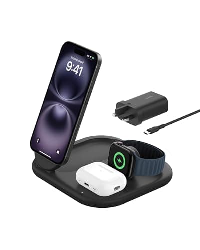 Image of Belkin BoostCharge 3-in-1 Magnetic Foldable Charger with Qi2 15W, MagSafe Compatible Fast Charger for iPhone 17, Air, 16, Pixelsnap, Apple Watch, AirPods with Non-Slip Base, PSU Included - Black