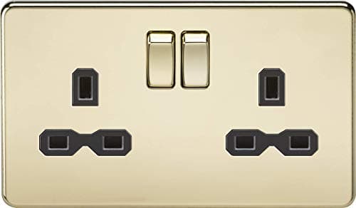 Image of Knightsbridge SFR9000PB Twin Screwless 13A 2G Dp Switched Socket-Polished Brass with Black Insert, 230 V