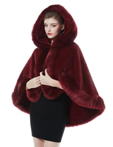 Image of BEAUTELICATE Women’s Hooded Cape Coat Faux Fur Cloak Warm Shawl Wrap Shrug For Winter Wedding Evening Bride Bridesmaids Halloween Christmas Cosplay Costume, Burgundy