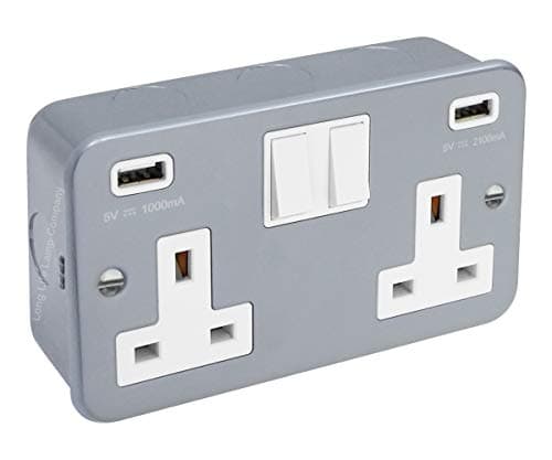 Image of 13 Amp Metal Clad Socket 2 Gang Switched Socket 250v with Dual USB Charger