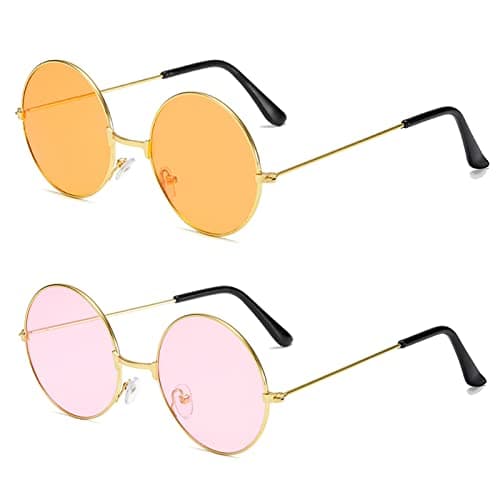 Image of YuZhou 2 PCS Hippy Specs Sunglasses, Metal Round Frame Sunglasses Circle Retro Hippie Glasses Festival Disco Fancy Dress Colored Lens Pink & Orange, 127mm