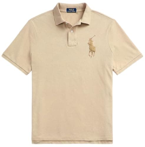 Image of POLO RALPH LAUREN Men's Big Pony Classic Fit Mesh Polo Shirt, Khaki (Custom-slim Fit), Large