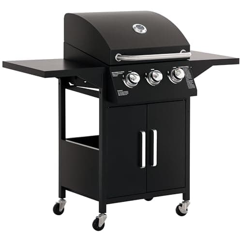 Image of Outsunny 3 Burner Gas BBQ, Outdoor Grill, Portable Barbecue Trolley with Warming Rack, Side Shelves, Storage Cabinet, Thermometer, Carbon Steel, Black