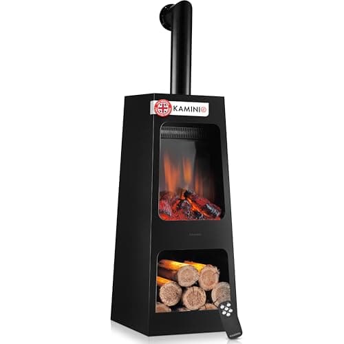 Image of KAMINIO Electric Garden Fireplace KAI - Electrical freestanding patio Stove with Heater, 3D Flame Effect, LED Mood Light, Wood Storage Compartment, Remote Control - Black (Large with Pipe)