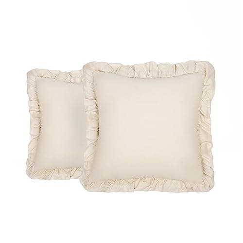 Image of Highams Cushion Covers Faux Linen Frill, Throw Pillow Chair Soft Cushion Covers 45 x 45 Sofa Seat Cushions Luxury Decorative Sofa Cushions, 2 Pack Beige