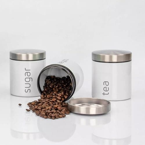 Image of HOCHSTE Retro Tea Coffee Sugar Canisters, Airtight Kitchen Storage Jars Set, White Stainless Steel Tea Coffee and Sugar Canisters Set, Kitchen Canister Sets Cylinder Shape White 3 Pack Set