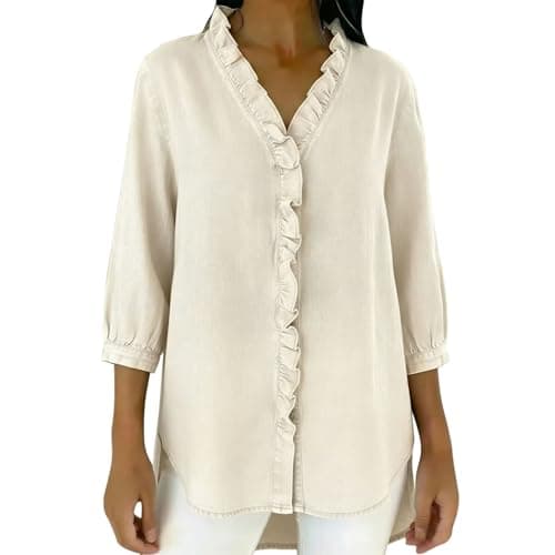 Image of TURWXGSO Women's Summer Denim Blouse V Neck Button Down 3/4 Sleeve Shirt Ruffle Neck Side Split Jean Blouse Casual Elegant Loose Fit Tops Daily Vacation Party Tops for Ladies