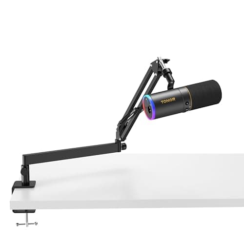 Image of TONOR Dynamic Podcast Microphone, XLR/USB Mic for Recording, Streaming, XLR Cardioid Studio Mic with Quick Mute, Volume Control, 200 cm Cable, with RGB and Low Profile Boom Arm, Black, TD520S+