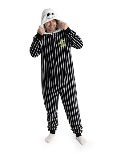 Image of Disney The Nightmare Before Christmas Jack Skellington Unisex Black Onesie | Hooded Zip-Up Loungewear in Striped Cosy Fleece Merch - Large