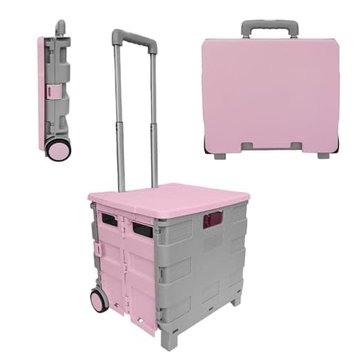 Image of Berry 40L Foldable Shopping Trolley, Plastic Trolley Cart with 2 Wheels and Lid, Portable Cart with Telescopic Handle, Multipurpose Utility Cart for Shopping, Teacher - Pink and Grey