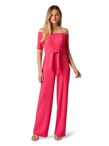 Image of ADRIANNA PAPELL Women's Knit Crepe Tie Jumpsuit | Formal Jumpsuit with Off the Shoulder Neckline & Tie Waist Belt, Camellia, 14