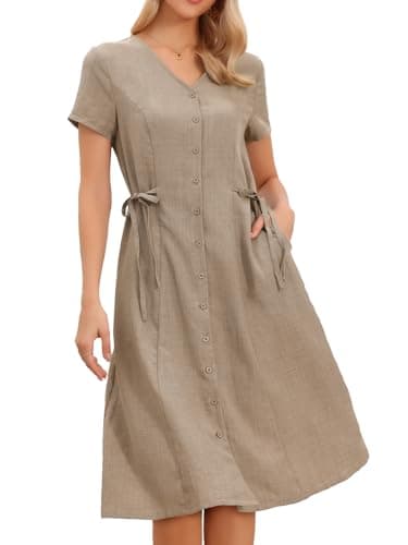 Image of Allegra K Summer Casual Dress for Women's Button Down V Neck Short Sleeve Drawstring Waist Work Midi Dress Khaki XS