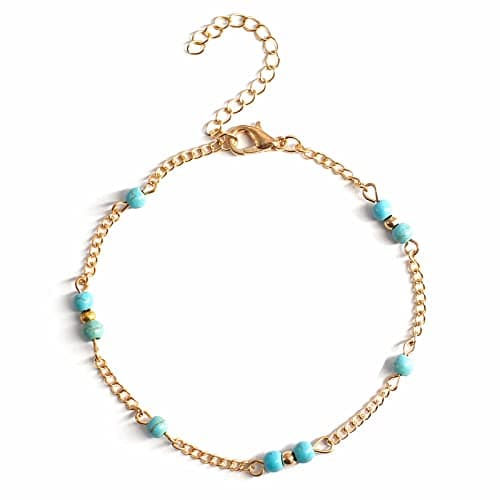 Image of Dishowme Turquoise Beads Anklet Bracelet Bohemian Beaded Anklet Beach Summer Foot Chain Jewelry for Women Girls (Gold)