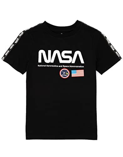 Image of NASA Kids Black T-Shirt | Boys Astronaut Space Administration Logo Short Sleeve Top | National Aeronautics Clothing Outfit Merchandise