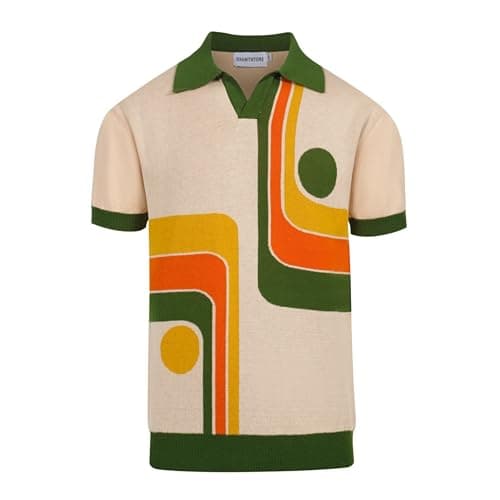 Image of OXKNIT Mens Knit Polo Shirts 1960s Mod Style Vintage Short Sleeve Shirt with Geometrical Design, Green, 3XL