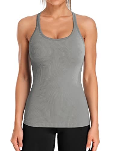 Image of ATTRACO Workout Gym Tops Women with Built in Bras Running Shirts Sport Vest Yoga Tank Tops Grey