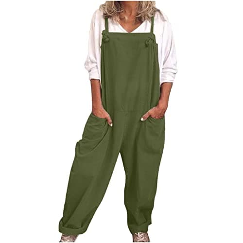 Image of VPQILH Womens Cotton Linen Dungarees Ladies Sleeveless Jumpsuit Adjustable Straps Romper Solid Color Bib Overalls Loose Fit Bodysuit with Pockets Playsuit Summer Jumpsuits Size S-5XL Green