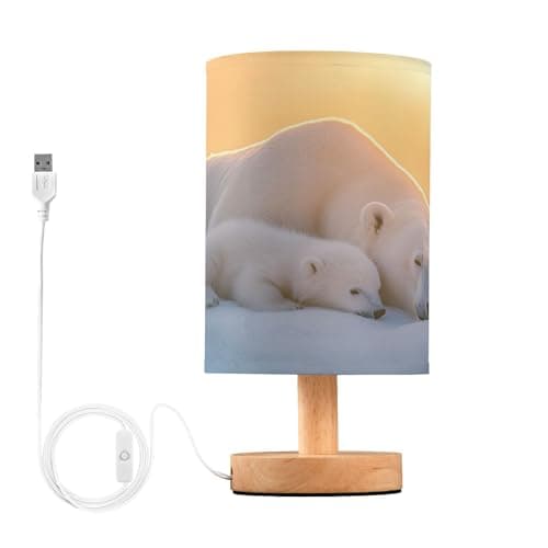 Image of Ttgoth Cute Polar Bear Bedside Table Lamp for Bedroom Small Nightstand Lamp LED Desk Lamp with USB Ports and Fabric Shade for Living Room, Dorm, Home, Office