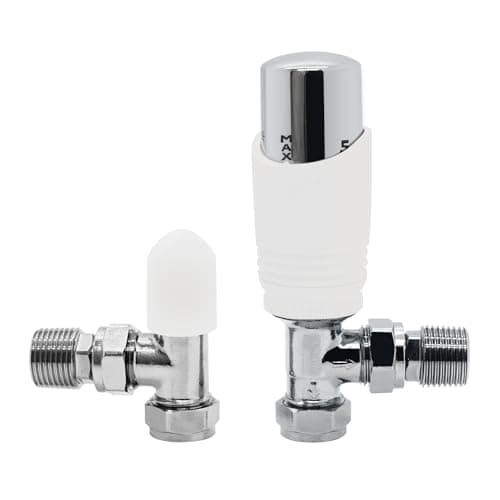 Image of VANCOCO 1/2"×15mm Angled Thermostatic Radiator Valve with Lockshield Valve, Energy Saving Modern TRV H62 Brass Pair Radiator Thermostat Valves for Radiator Central Heating(White+Chrome)