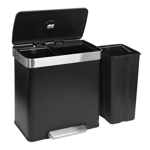Image of Harbour Housewares 60L Double Kitchen Pedal Bin – 2 x 30L Matte Black Stainless Steel Recycling Waste Bin with Soft Close Lids, Dual Compartments & Removable Inner Buckets for Home & Office
