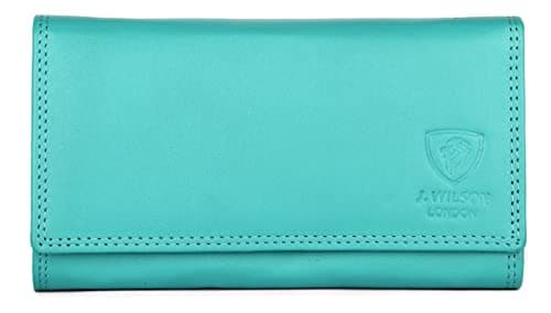 Image of J. Wilson London Ladies RFID Safe Designer Soft Leather Purse Card Women Clutch Wallet with Zip Pocket Gift Boxed Teal