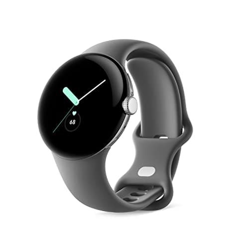 Image of Google Pixel - Android Smartwatch with Fitbit Activity Tracking - Heart Rate Tracking Watch - Polished Silver Stainless Steel case with Charcoal Active band - LTE