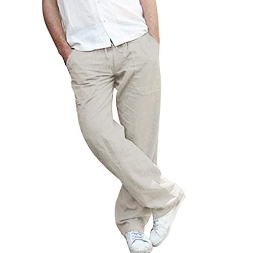 Image of Beokeuioe Elastic trousers, long men's linen trousers with pocket, plain summer trousers, loose fit with drawstring, side pocket, beach trousers made of cotton blend, casual trousers, lightweight