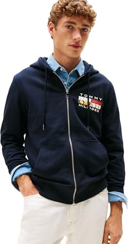Image of Tommy Hilfiger Men’s Colour Flag Zip Through Hoodie with Logo, Blue (Desert Sky), M